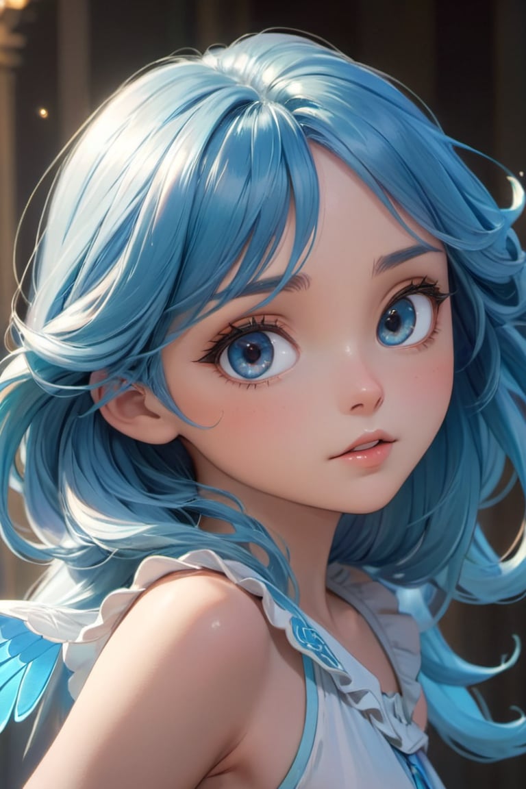 a cute little girl with big eyes, close-up, look at the camera, blue hairs, graceful flutter, hyperdetailed, minimalism, dynamic pose, cinematic light, hopeful, mucha art style