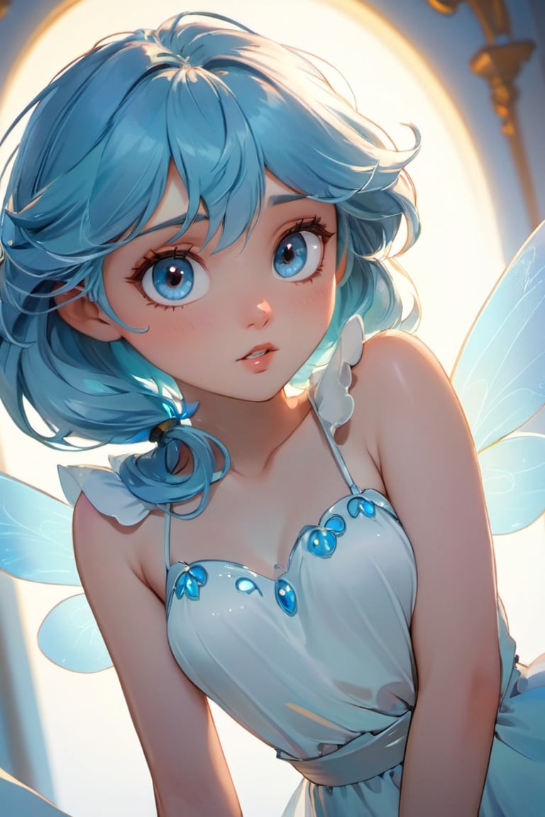 a cute little girl with big eyes, close-up, look at the camera, blue hairs, graceful flutter, hyperdetailed, minimalism, dynamic pose, cinematic light, hopeful, mucha art style