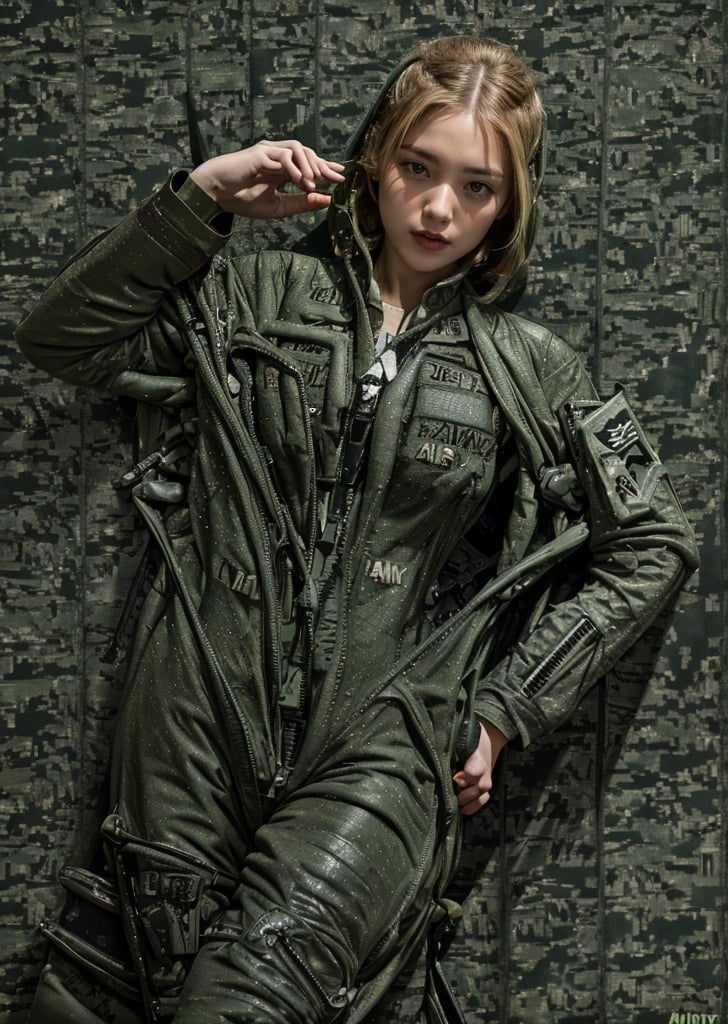  

masterpiece, top quality, best quality, extreme detailed, highest detailed, Highly detailed, RAW Photos, Professional Photography,(exquisite, meticulous, clear outline, real face shape: 1.4),32K, 

She is a top pilot in the US military.
This time it's a full-fledged shoot inside a US Air Force base.
A famous photographer will take pictures using the best cameras and strobe equipment.
She captivates viewers with her elegant and wonderful poses that are unique to top models.

High Contrast, 
(Vivid Color: 1.2), 
(Soft Color, Dull Color, Soothing Tone: 0), 
Beauty and Aesthetics,  
Ambient Lighting, 
Cinema Lighting, 
Mood Lighting, 
Side Lighting, 
Fine Details and Textures, 
Cinema Lenses, 
Wide Angle Lenses, 
Warm Colors, 
(Bright and Intense: 1.2), 
Natural Field of View Ratio, 
(korean beauty:1.4), 
(Magnificent appearance: 1.2), 

(An American woman:1.3),
(solo:2.0),
(full body:1.3),

beautifl model, 
perfect style, 
perfect balance, 
fine skin, 
(Slender body:1.3), 
(big breasts:1.3),
(wide hip: 1.3),
(green eyes:1.3),
(Long permed hair:1.3),
(blonde hair:1.3),
six-pack abs, 
imposing look,

Eyes that invite the viewer, 
(attractive appearance:1.3), 
(sexy smile:1.3), 
(naughty look:1.3), 

(wearing  army green U.S. Air Force Flight Suits:1.8),
(flight suit zipper is undone:1.8),

(background is a US Air Force plane:1.8) ,
Dim light,

standing ,
(contrapposto pose),
Pose to show armpits by raising both hands,
(fashion magazine photography with elegant combination poses:1.2),
soft curved body, 

from the front,
(centered image),
(full body photo:1.6),
f/1.4,
(Ultra-wide-angle lens:1.5), 
Nature,
Landscape, lapix, photorealistic, 1 girl