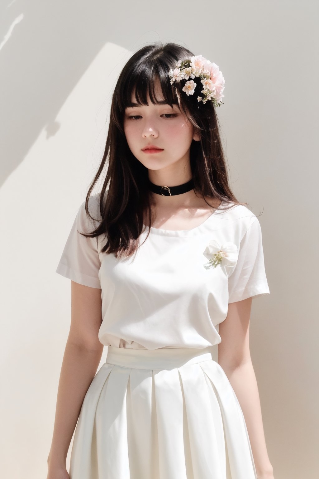 analog photo, a cute girl, 22 years old, black hair, pale skin,White soft satin skirt, choker,((using flowers cover left eyes)), vintage, faded film, film grain,  dark background,Illustration,beautiful deatailed shadow,dust,tyndall effect,lots of detail,hyperdetalization,Upper body