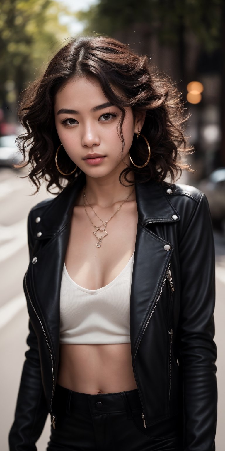 New York City,avenue,street,trees,
20 yo, 1 girl, beautiful korean girl, riding on a black Harley Davidson,wearing biker jacket,leather pants,boots,leather glove,solo, {beautiful and detailed eyes}, dark eyes, calm expression, delicate facial features, ((model pose)), Glamor body type, (dark hair:1.2),hair_past_waist,curly hair,very long hair,simple tiny earrings,simple tiny necklace, flim grain, realhands, masterpiece, Best Quality, 16k, photorealistic, ultra-detailed, finely detailed, high resolution, perfect dynamic composition, beautiful detailed eyes, eye smile, ((nervous and embarrassed)), sharp-focus, full_body, cowboy_shot,