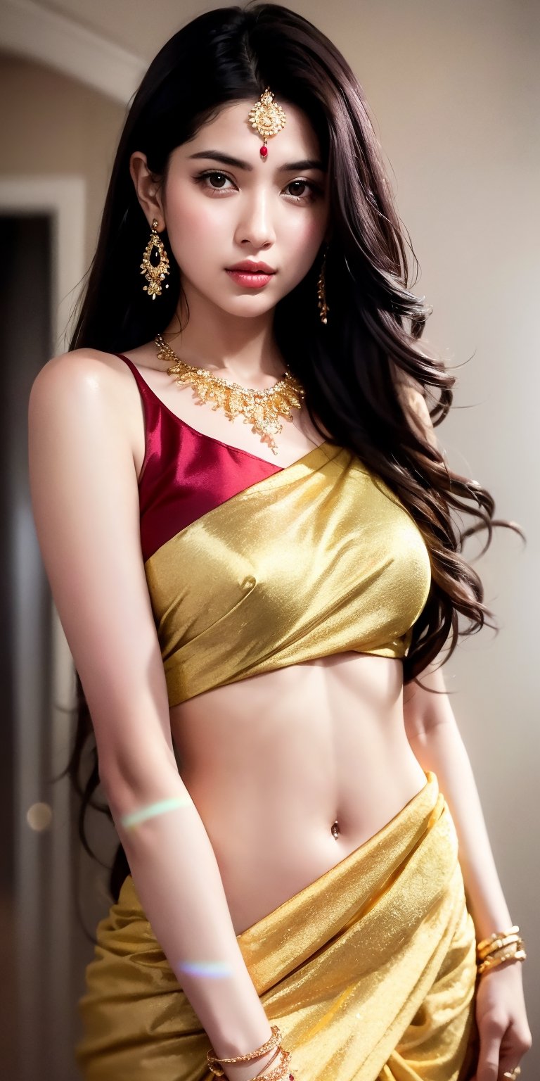 identical face, a 35year gorgeous woman with dark hair, elegant indian- woman, tight thai,  dark brown aerola, realistic, body height 5.5 feet, realistic image, yellow saree red blause, gold necklace, diamond bracelet,hot look, 