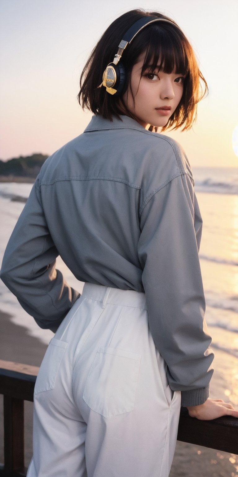 1girl, solo, japan beauty, upper body, 90s Y2K white baggy pants, grey jacket, classic art headphone, mid length layered cut with straight bangs honey brown hair, stylish makeup, fashion hairstyle, short hairstyles, dreamgirl, back to view, glows in the golden light of the setting sun, sunset background by the sea, very detailed, Lomography, faded film, Highly detailed, photo realistic, high contrast, cinematic lighting, exquisite detail, hyper detailed, ultra realistic, colored 66mm film analog photography, Angelical Heavenly