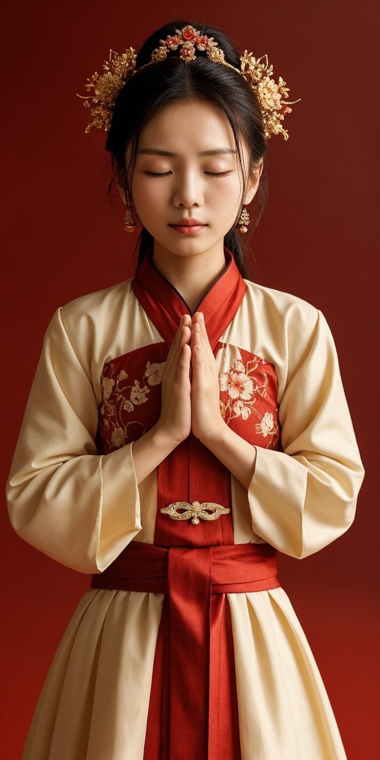 A Chinese ancient beauty is praying, with hands clasped together, eyes closed in silence, wearing a solemn yet beautiful expression, Red Background, 12 years old, cute face