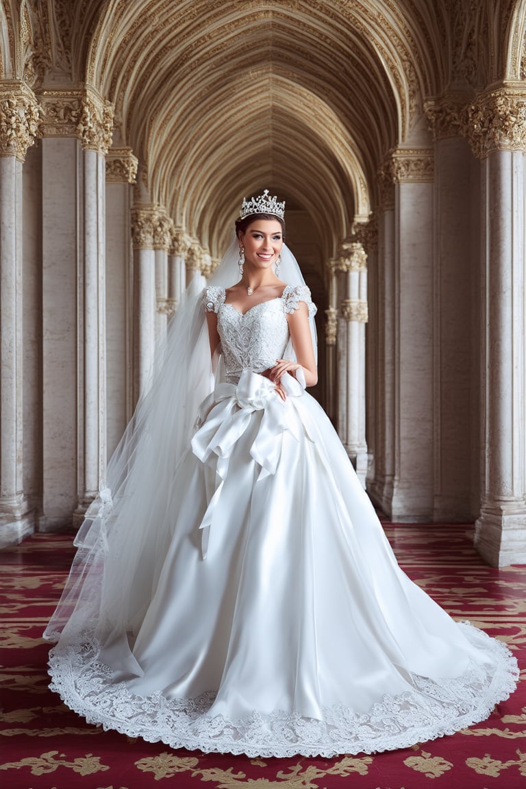 actress ruby rose in a majestic, indoor palace setting, adorned in a shimmering white satin bridal gown boasting a voluminous princess skirt, an elongated trail, a harmoniously fascinating veil, and an intricately laced and diamond-encrusted bodice with a bow. Victorian style wedding gown with lace, frills and ribbons. ribbon belt on waist, Crowning her head is a princess's tiara, (masterpiece), best quality, expressive eyes, perfect face, perfect anatomy, perfect hands, cute smile, bridal makeup, blushing
