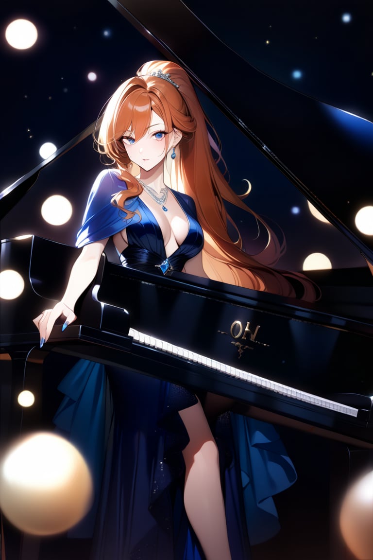 8k, highly detailed, masterpiece, solo, (mega ponytail), (big hair), ginger hair, mature woman, sultry, (blue satin evening gown), art deco, looking at viewer, [[grand piano]], jewelry, bokeh, high saturation, riasgremorySDXL