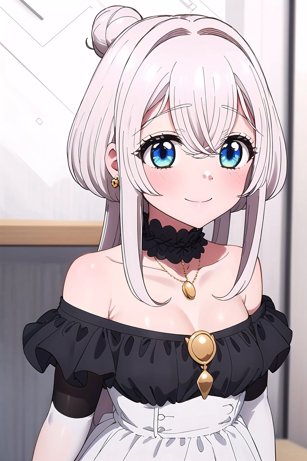 Towa, 1girl, solo, long hair, looking at viewer, smile, blue eyes, shirt, hair between eyes, closed mouth, collarbone, 1girl, solo, dress, gloves, jewelry, fake_screenshot, elbow_gloves, necklace, earrings, black_gloves, bare_shoulders, strapless_dress, standing, hair_bun, black_dress, single_hair_bun upper body, white hair, sidelocks, hair intakes, portrait, crossed bangs, dot nose