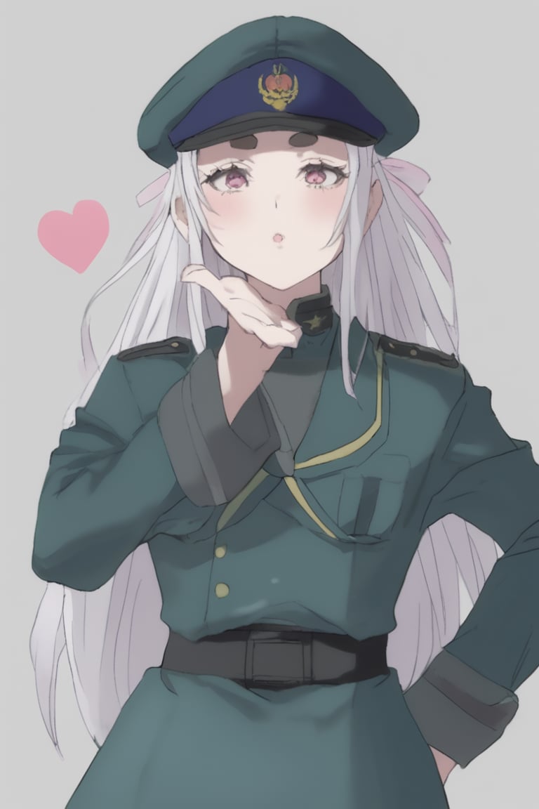 Director Yuki,1girl,thick_eyebrows,miltary Uniform,pink_ribbons,white_hair,long_hair,IncrsBlowingKiss, blowing kiss,heart