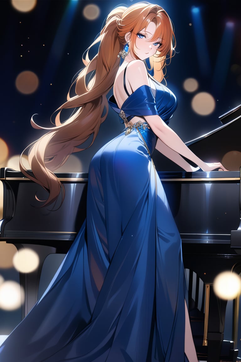 8k, highly detailed, masterpiece, solo, (mega ponytail), (big hair), ginger hair, mature woman, sultry, (blue satin evening gown), art deco, looking at viewer, [[grand piano]], jewelry, bokeh, high saturation, riasgremorySDXL