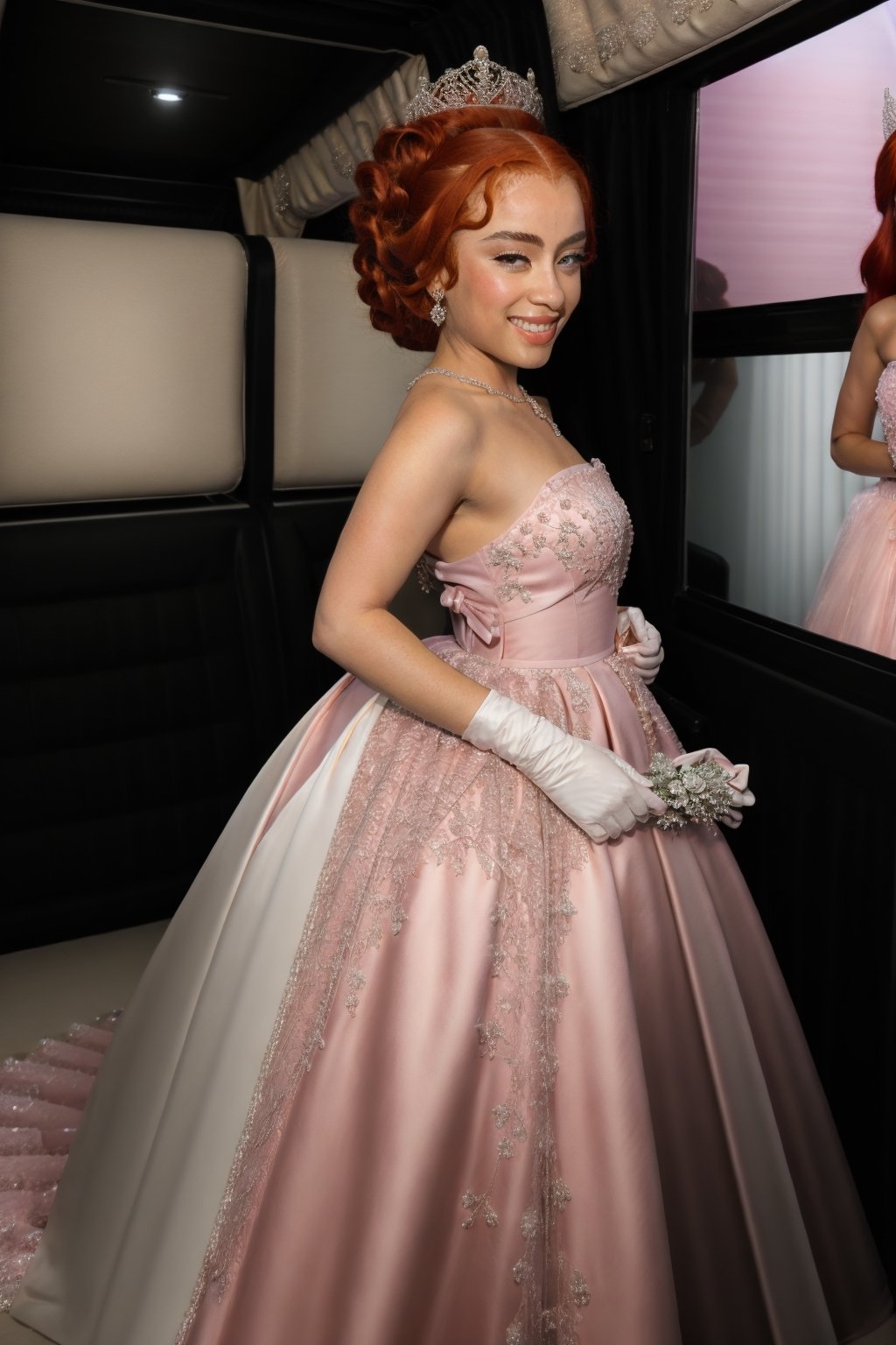 Prompt: 1girl, solo, red hair wearing a white shimmering satin and tulle ballgown wedding dress with big puffy princess skirt, long train, with a long veil, bow on belt, and tiara and diamond earrings and necklace, white satin elbow length opera gloves, highly detailed, realistic, HD, 4k, professional photograph, vibrant colors and background, smiling, in a palace, holding bouquet ,Bella poarch ,Ice spice 