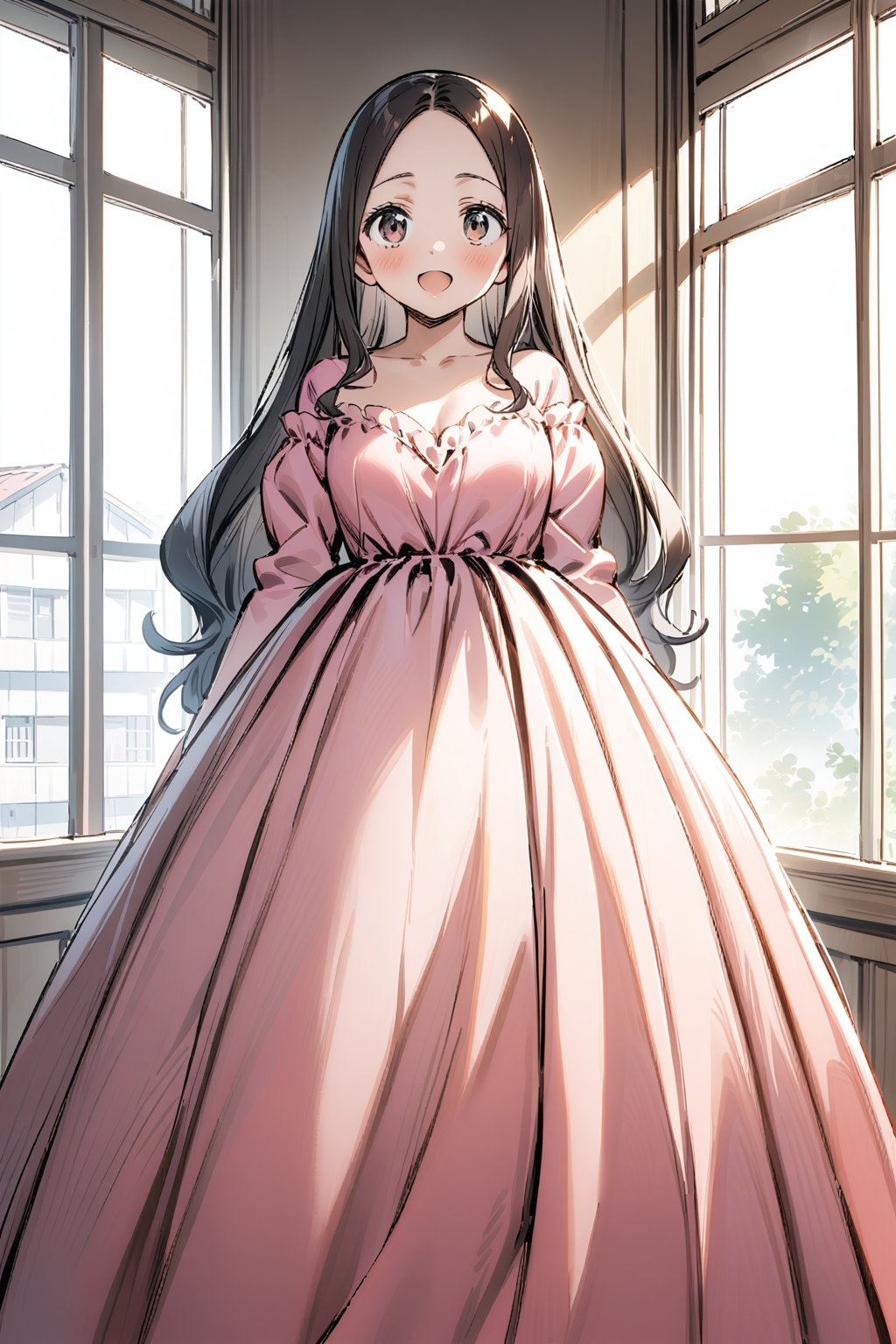 takagi San, A woman wearing a pink satin dress with a sweetheart neckline and a full, flowing skirt. She has long, dark hair and is posing in a room with white curtains in the background. The image has a soft, elegant feel.