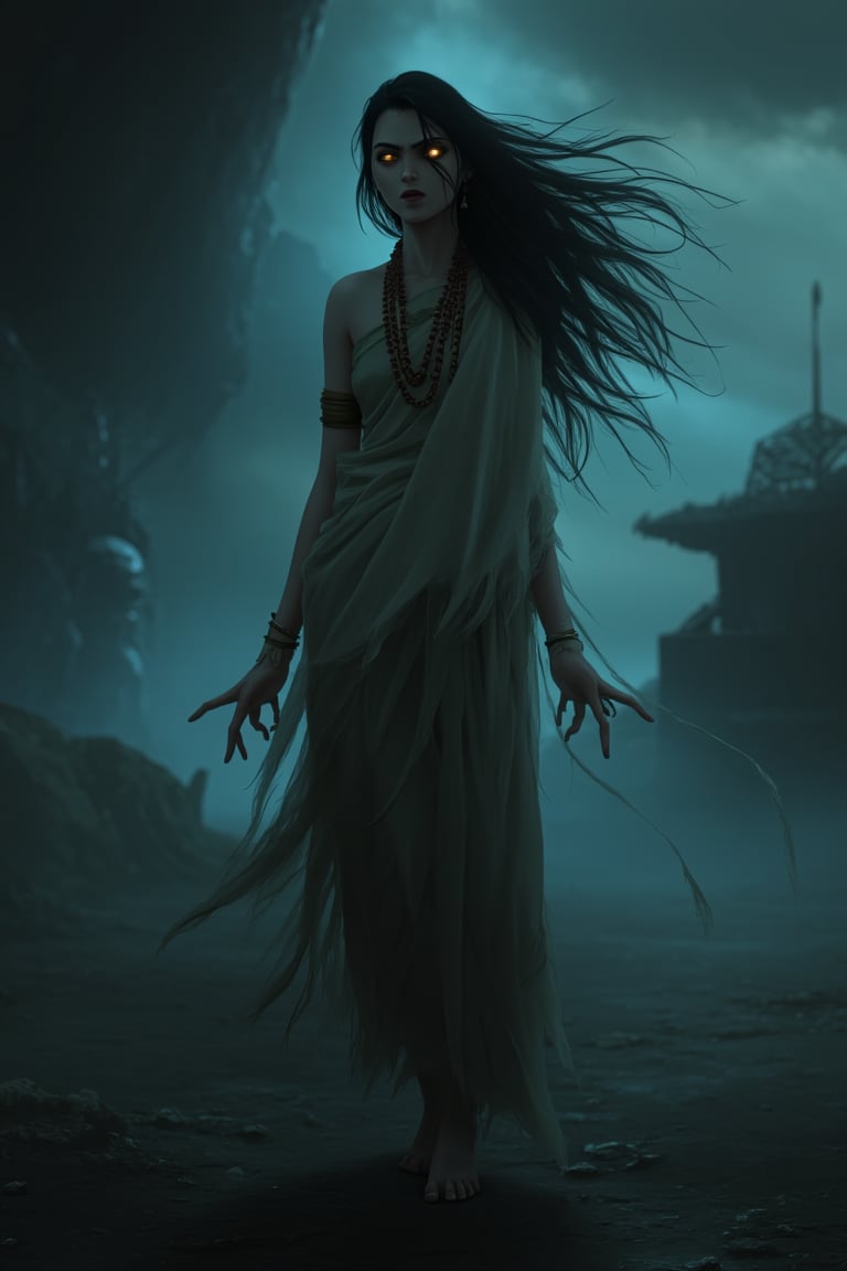 "A haunting and atmospheric depiction of Mogini Pisasu, a female demon or spirit from Tamil folklore. The demon is portrayed with an otherworldly beauty that is both alluring and unsettling. Her appearance combines ethereal and eerie elements, with flowing dark hair and piercing eyes that glow with an ominous light.She wears traditional attire that contrasts with her supernatural nature, such as a tattered sari or garment, which adds to her eerie and ghostly appearance. Her skin might be a ghostly pale or otherworldly color, and she is surrounded by a misty or shadowy aura that enhances her mysterious presence.The background is dark and foreboding, with dim lighting and shadowy figures or eerie landscapes. The overall mood is one of intrigue and suspense, capturing the dark beauty and sinister nature of the Mogini Pisasu."