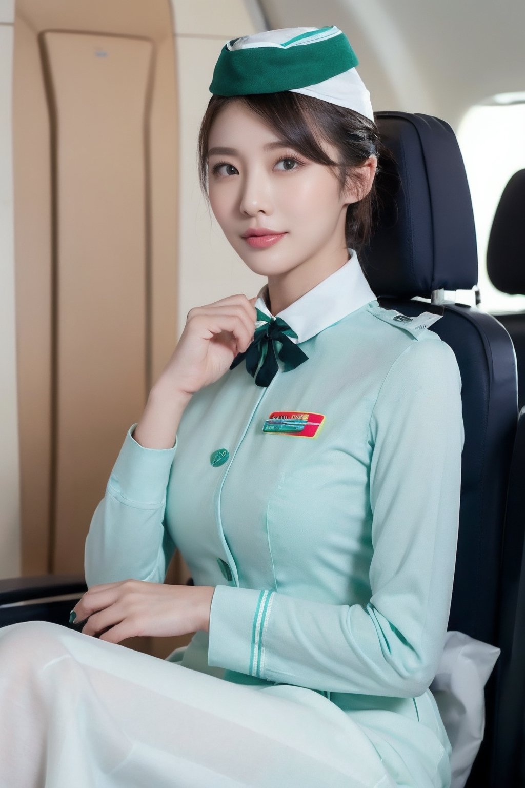 Close up to everything, 16K UHD, (life style:1.4), A french-Taiwanese beautiful Stewardess, super idol face, 24 years old, detailed face, monolid, (bun short haired:1.4), (long-sleeved turquoise green-bue stewardess shirt , white collar, off-white long skirt, black tie:1.4), laying on a plane seat, the light is very bright, spotlight, masterpiece, high quality,(she is wearing a blue-green Stewardess's side cap:1.6),wanpeng, (black pupils:1.2),Seolah,better_hands,Asia,1 girl ,Woman ,solo,imutbgtbos, (full_body shot:1.2), (perfect hands, true fingers:1.2),1girl