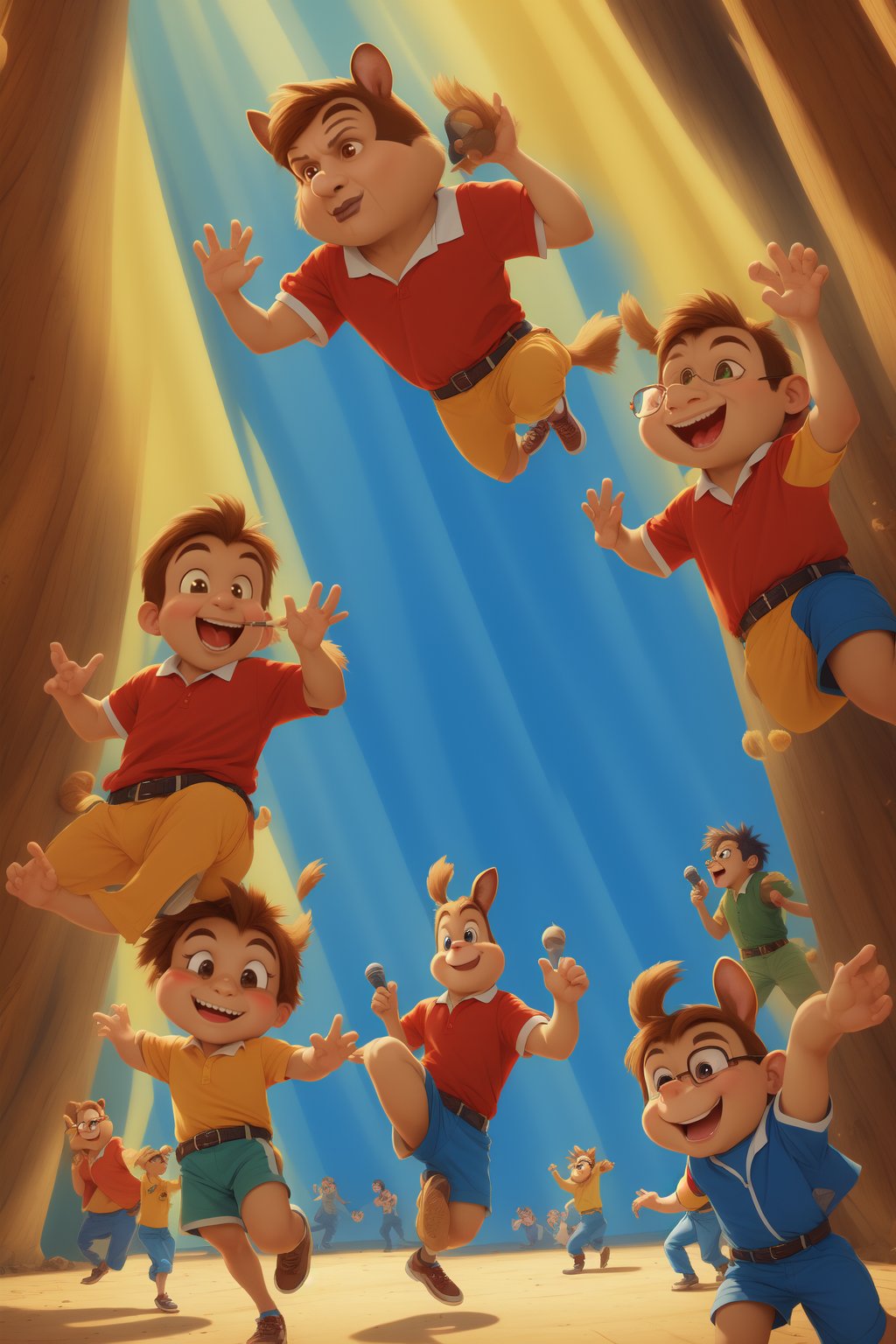 A vibrant cel-shaded animation brings Alvin and Simon from The Chipmunks to life in a lively musical performance. The camera pans across the colorful scene, framing the brothers' energetic dance moves amidst bright blue curtains, with Squirrel grasping a microphone and harmonizing with his friends as their bushy tails swish to the upbeat rhythm.