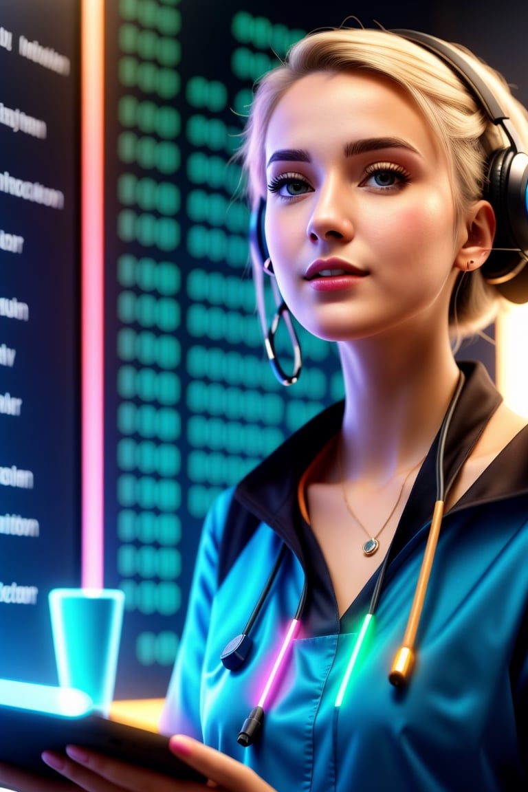 Working Women beautiful young lady 22 age standing talk perfect face eyes hair blonde mouth programmer hacker doctor ceo engineering dress zoom in all body best quality 16k in Big Cyber rooms Data Ai core in CPU, Data Annotation,Cartoon,Disneystyle