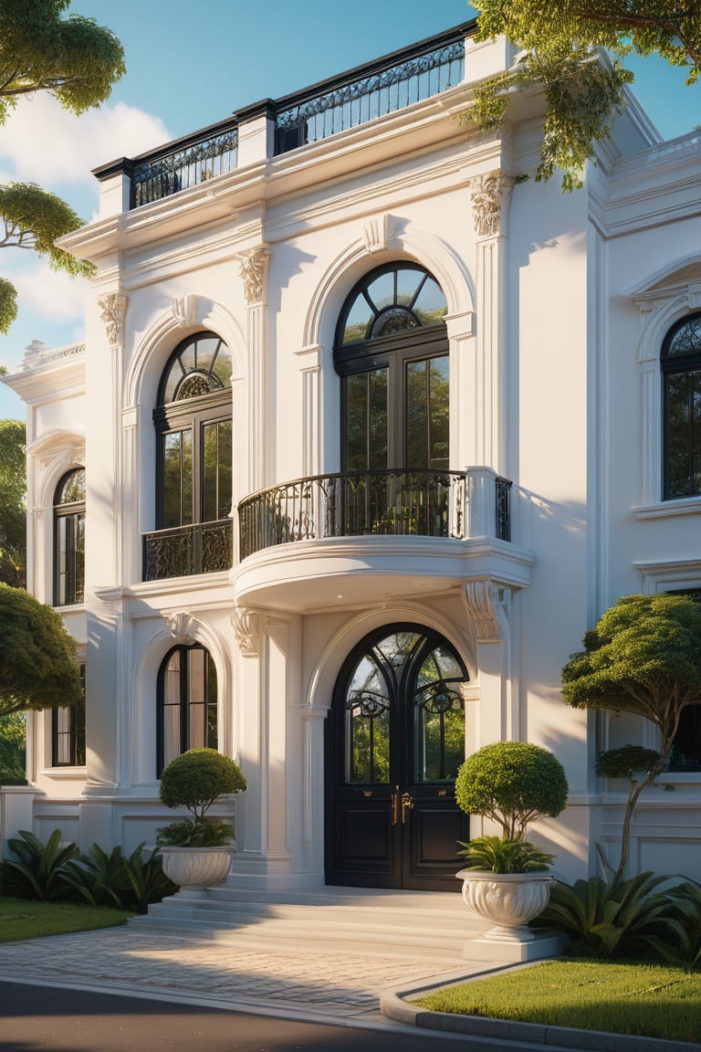 RAW photo, masterpiece, arafed house with a car parked in front of it, neo - classical style, rendered in lumion pro, classicism style, classicism artstyle, lumion render, rendered in lumion, architectural visualization, neoclassical style, in style of classicism, white light sun, rendered in vray, rendered in v-ray, rendered in unreal engine 3d, (photorealistic:1.2), best quality, ultra high res, exterior, architechture,modern house,(white wall:1.5), (detail gate black:1.4), (photorealistic:1.5), best quality, ultra high res, exterior,architechture,neoclassic house,(white wall:1.2), (detailed reliefs:1.2), (The front 1st floor has 4 windows), (the right side 1st floor has 4 windows), (the main side has three-step stairs), (the right side has three-step stairs) ,glass windows,,trees,traffic road, blue sky,in the style of realistic hyper-detailed rendering, luxury neoclassical villa, in the style of neoclassical scene, glass windows, (white navy roof:1.2), best quality, (straight strokedetail:1.1) roof top, (Intricate lines:1.5), ((Photorealism:1.5)),(((hyper detail:1.5))), archdaily, award winning design, (dynamic light:1.3), (night light:1.2), (perfect light:1.3), (shimering light :1.4), refection glass windows, (curved line architecture arch:1.2), trees, beautiful sky, photorealistic, FKAA, TXAA, RTX, SSAO, Post Processing, Post-Production, CGI, VFX, SFX, Full color,((Unreal Engine 5)), Canon EOS R5 Camera + Lens RF 45MP full-frame CMOS sensor, HDR, Realistic,8k,((Unreal Engine 5)), Cinematic intricate detail, extreme detail, science, hyper-detail, FKAA, super detail, super realistic, crazy detail, intricate detail, nice color grading, reflected light on glass, eye-catching wall lights, unreal engine 5, octane render, cinematic, trending on artstation, High-fidelity, Viwvid, Crisp, Sharp, Bright, Stunning, ((Lifelike)), Natural, ((Eye-catching)), Illuminating, Flawless, High-quality,Sharp edge rendering, medium soft lighting, photographic render, detailed archviz,SDXL,House