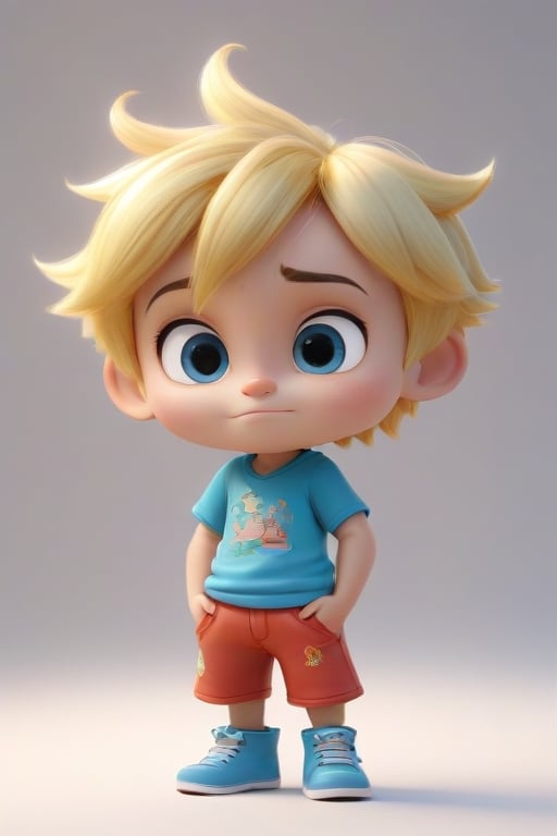 4d photographic image of full body image of a cute little chibi boy surreal, gold hair, vivid colors octane render trending on artstation, artistic photography, photorealistic concept art, soft natural volumetric cinematic perfect light, uhd white background,Dream House, Disney style,disney pixar style,score_9,modisn disney