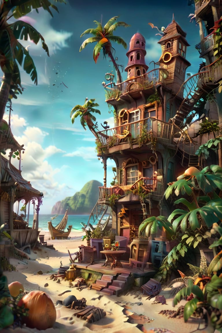 MAGICAL cute STORYBOOK tropical bay , shabby STYLE lovely terrace on the beach, view on the tropical bay , summer  Modifiers: highly detailed dof trending on cgsociety steampunk fantastic view ultra detailed 4K 3D whimsical Storybook beautifully lit etheral highly intricate stunning color depth disorderly outstanding cute illustration cuteaesthetic Boris Vallejo style shadow play The mood is Mysterious and Spellbinding, with a sense of otherworldliness  otherwordliness macro photography style LEONARDO DIFFUSION XL STYLE vintage-futuristic,SDXL