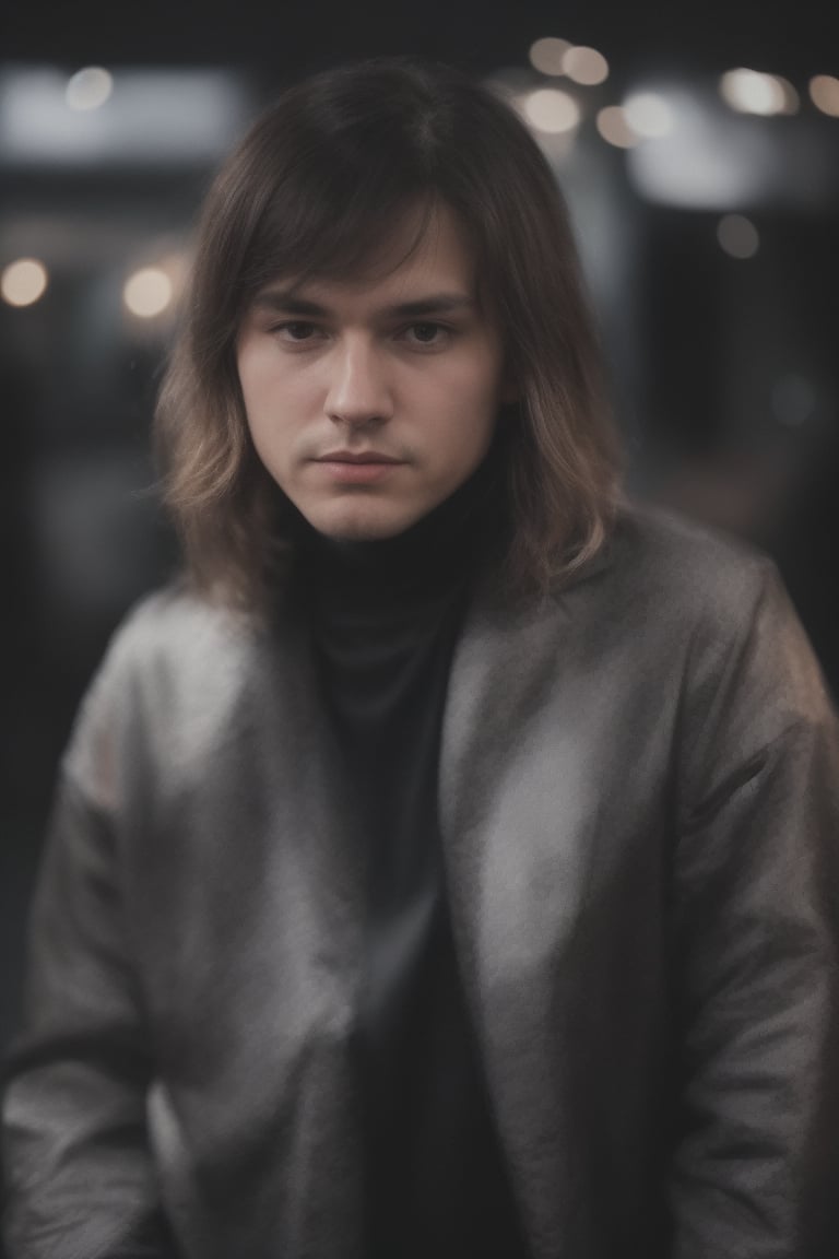 closeup face photo of caucasian man in black clothes, night city street, bokeh