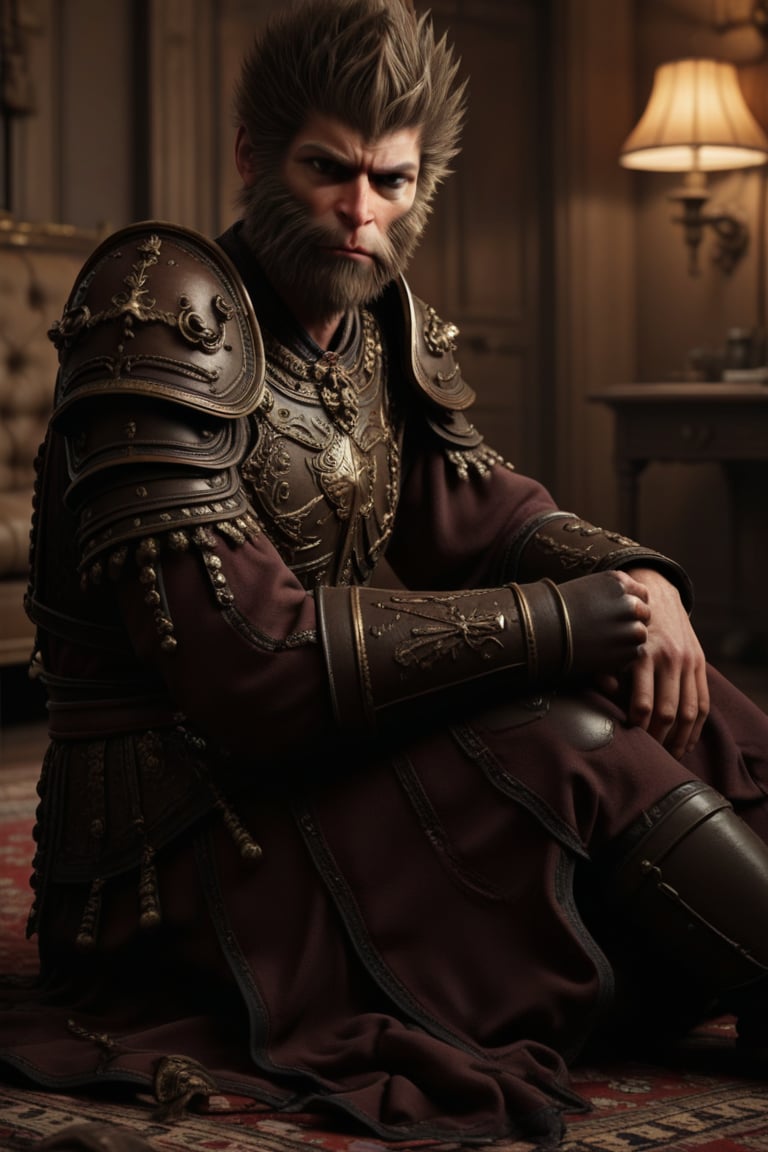 brown hair, 1boy, sitting, male focus, indoors, armor, tree, facial hair, shoulder armor, beard, carpet