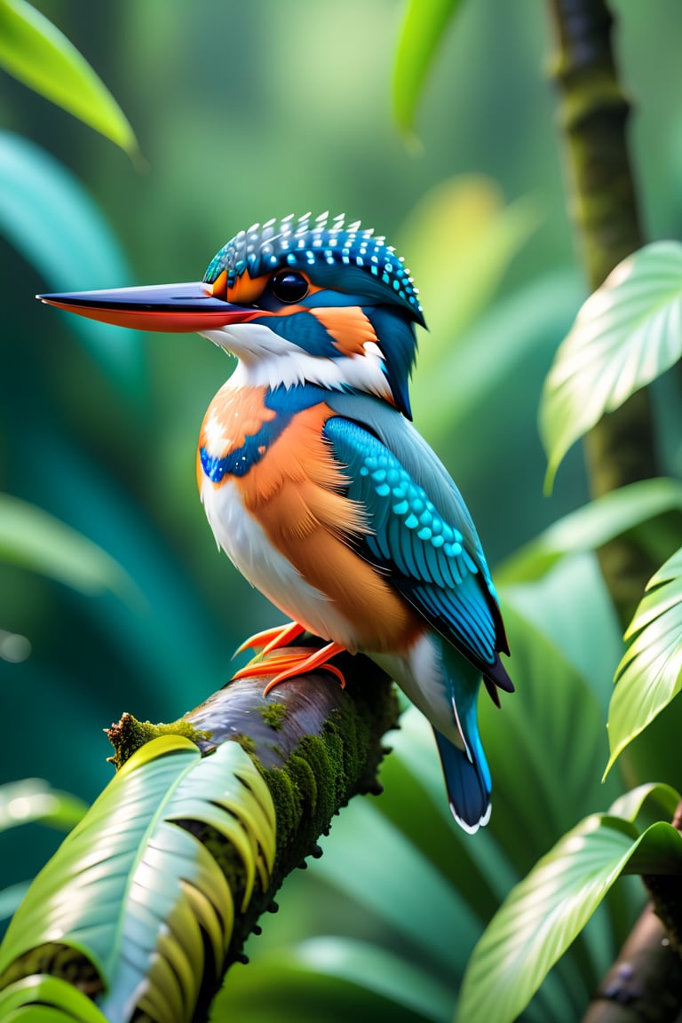 close up angle of, , ((),(3d Kingfisher in md air)) surrounded by jungle( waters), bird, detailed focus, deep bokeh, beautiful, , bight vib background. Visually delightful, 3D