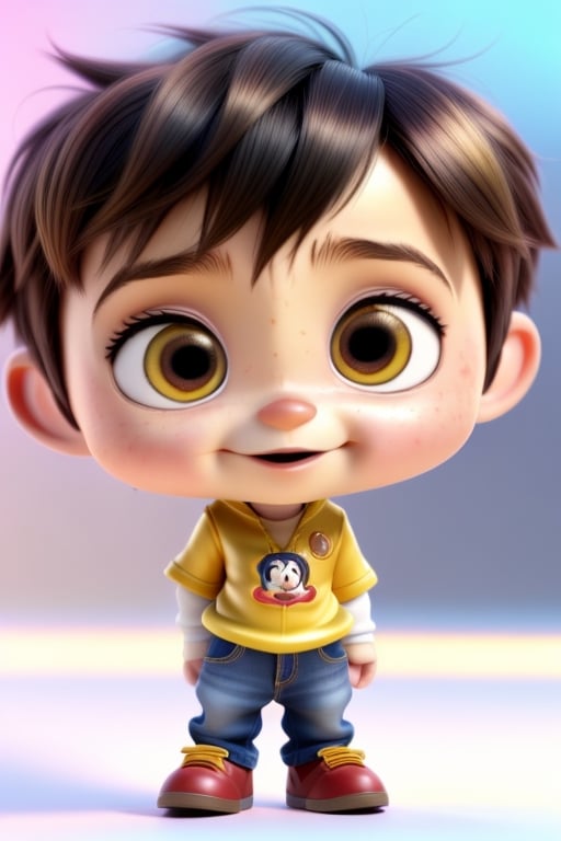 4D photographic image of full body image of a cute little chibi boy, surreal, gold hair, vivid colours octane renders trending on artstation, artistic photography, photorealistic concept art, soft natural volumetric cinematic perfect light, UHD white background,, Disney style, Disney Pixar style,score_9, modern Disney, blue clothes, preparatory,disney pixar style.