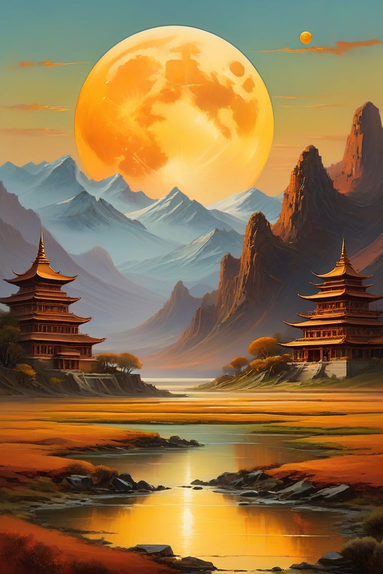 "A surreal, futuristic landscape at dusk with a massive, luminous golden moon dominating the sky, casting a warm glow over everything. The moon should be sharp, detailed, and prominent in the foreground. The background should transition into an abstract, painterly environment featuring indistinct forms and shapes suggesting a Tibetan monastery, rendered in a loose, impressionistic style to emphasize mood and atmosphere over detailed realism. The atmosphere should be hazy and diffuse, with the haze or fog being whiter, creating an ethereal and somewhat dystopian feel. Use balanced colors primarily from a palette of grays, blues, and greens to create depth and atmosphere, while incorporating rust-orange, rust-red, rust-brown, rust-yellow, rust-gold, rust-gray, rust-beige, rust-copper, rust-tan, burnt sienna, raw umber, burnt umber, and yellow ochre for accents. These earthy tones should depict worn, weathered, and aged appearances. Incorporate small, distinct accents of rusty orange-yellows and rusty teals to highlight specific areas and enhance visual interest. Ensure the painting blends impressionism and abstraction seamlessly, creating a rich, immersive setting. Utilize Unreal Engine, Octane Render, Hyper Realistic, Cinematic, Epic, and Matte Painting techniques to achieve a high-quality, detailed, and visually striking result."