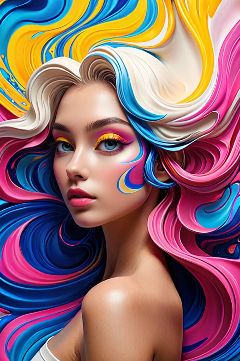 In a surreal dreamscape, a girl's side profile emerges from swirling vortex of colors: electric blue, hot pink, sunshine yellow, and creamy white. Her features - eyes, nose, lips - stand out amidst the fluid, abstract patterns that seem to melt into her skin. The vibrant hues dance around her face like wispy clouds, imbuing the scene with an otherworldly essence.,Cartoon