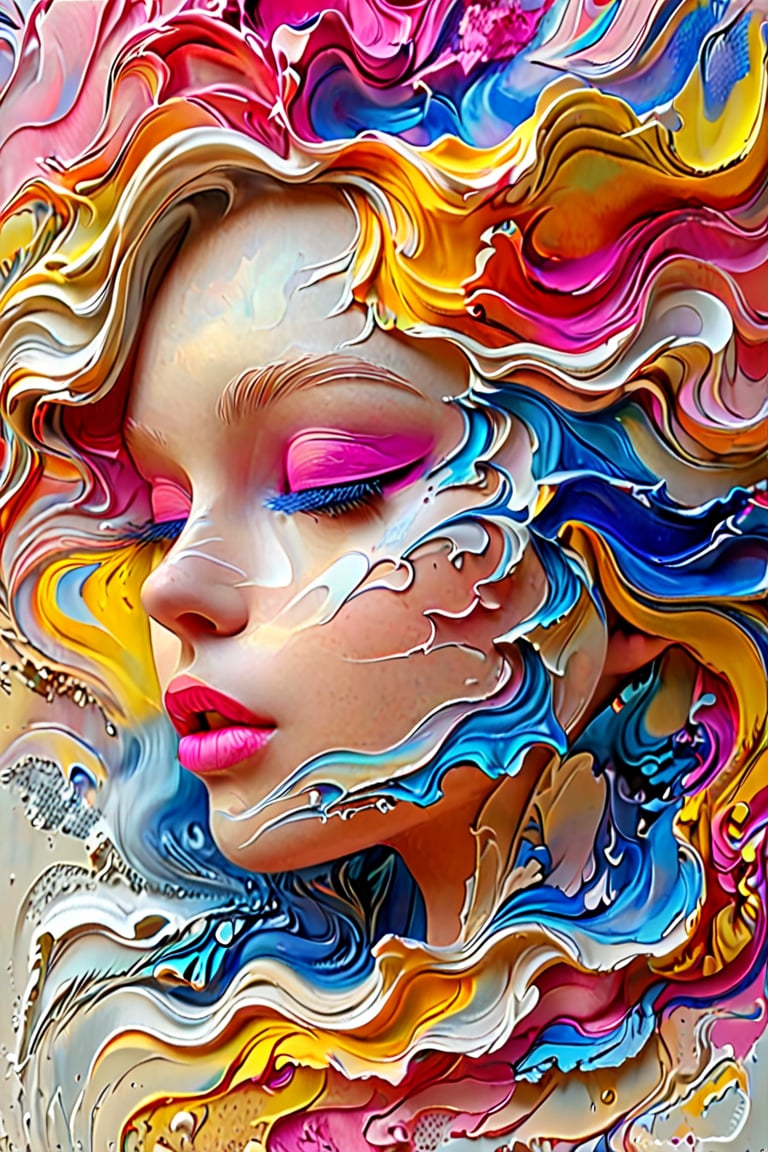 In a surreal dreamscape, a girl's side profile emerges from swirling vortex of colors: electric blue, hot pink, sunshine yellow, and creamy white. Her features - eyes, nose, lips - stand out amidst the fluid, abstract patterns that seem to melt into her skin. The vibrant hues dance around her face like wispy clouds, imbuing the scene with an otherworldly essence.,Cartoon