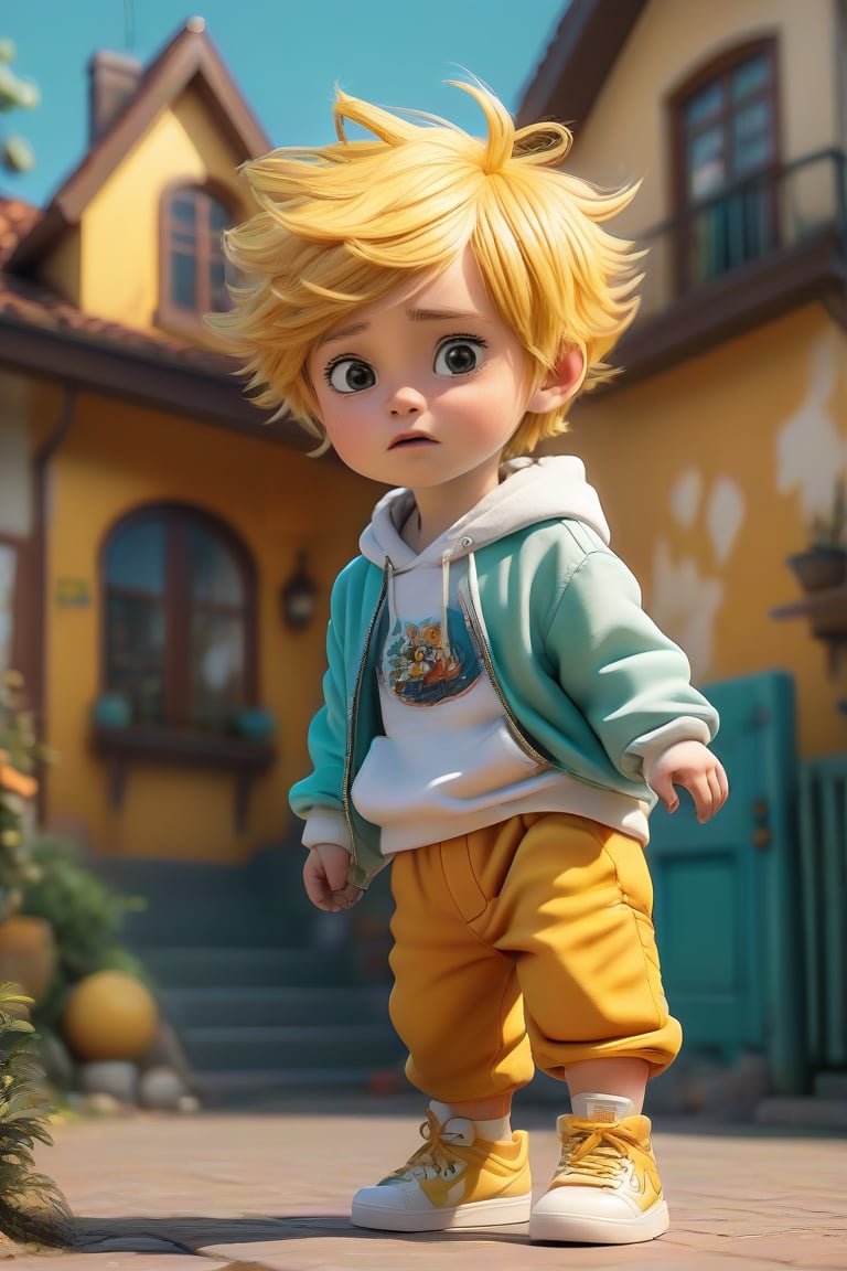 4d photographic image of full body image of a cute little chibi boy, surreal, gold hair, vivid colours octane render trending on artstation, artistic photography, photorealistic concept art, soft natural volumetric cinematic perfect light, UHD white background, Dream House, Disney style, Disney Pixar style,score_9, modern Disney, SDXL,Cartoon,photo r3al,better photography