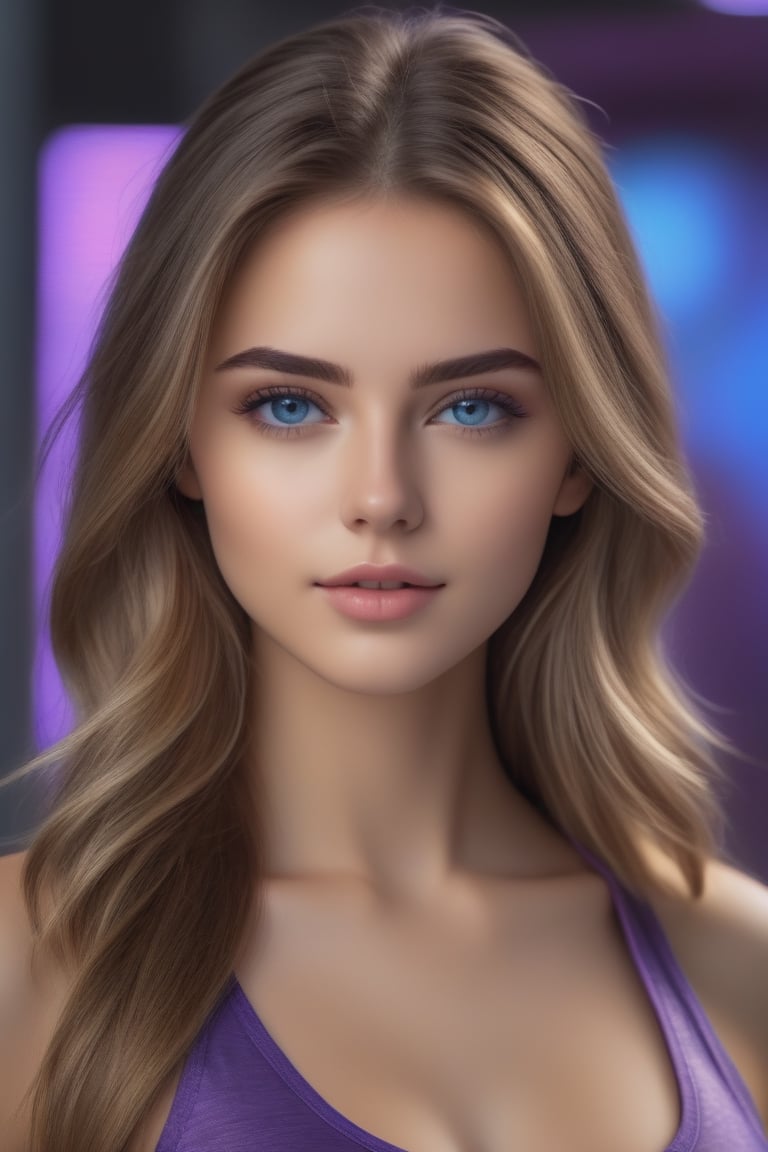 masterpiece, best quality, ultra-detailed, ultra high res, (photorealistic:1.4), raw photo, (realistic:0.2), 8k HDR, realistic lighting, 1girl, solo, looking at viewer, asymmetrical long hair, (detailed oily skin), blue eyes, (detailed face), (cyble background :1.1), (upper body:1.5), purple tanktop