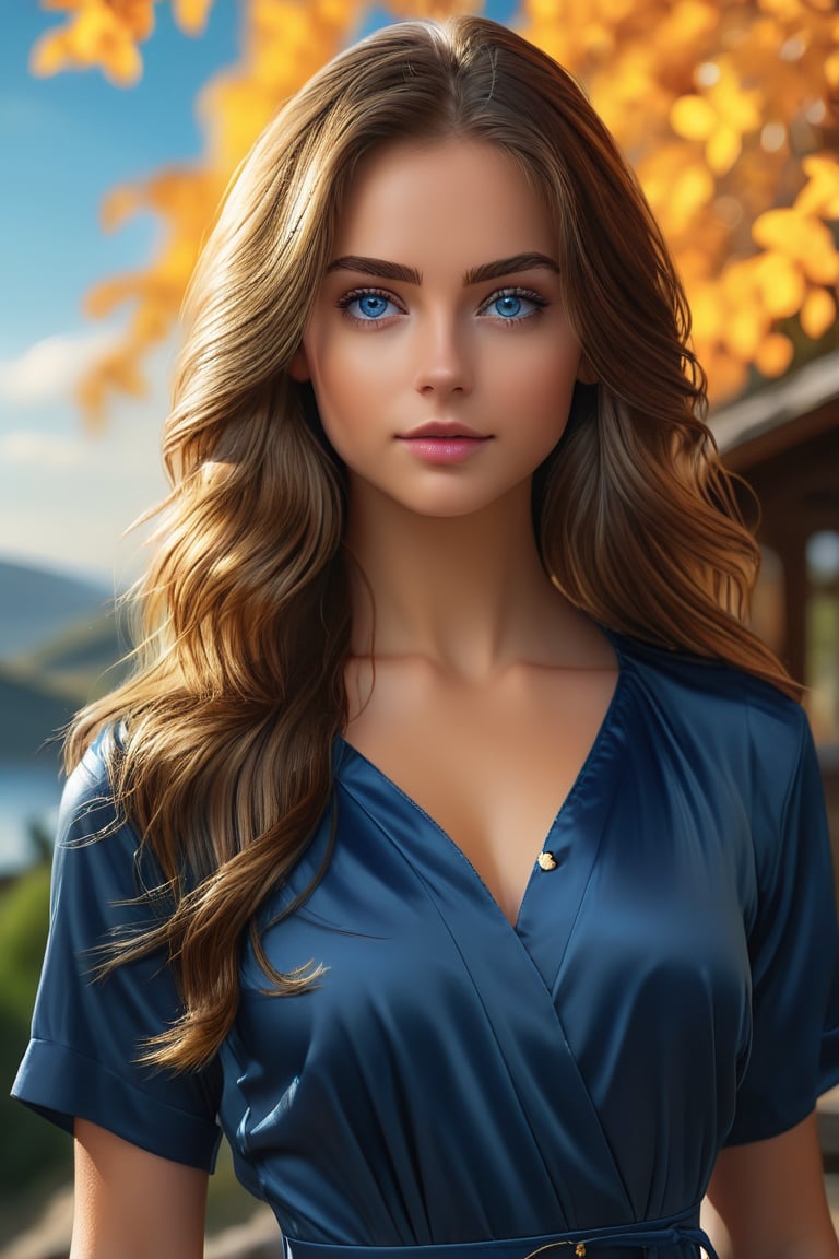 masterpiece, best quality, ultra-detailed, ultra high res, (photorealistic:1.4), raw photo, (realistic:0.2), 8k HDR, realistic lighting, 1girl, solo, looking at the viewer, asymmetrical long hair, (detailed oily skin), blue eyes, (detailed face), (outdoor background:1.1), (upper body:1), dress deep blue professional clothes, SDXL,Beauty