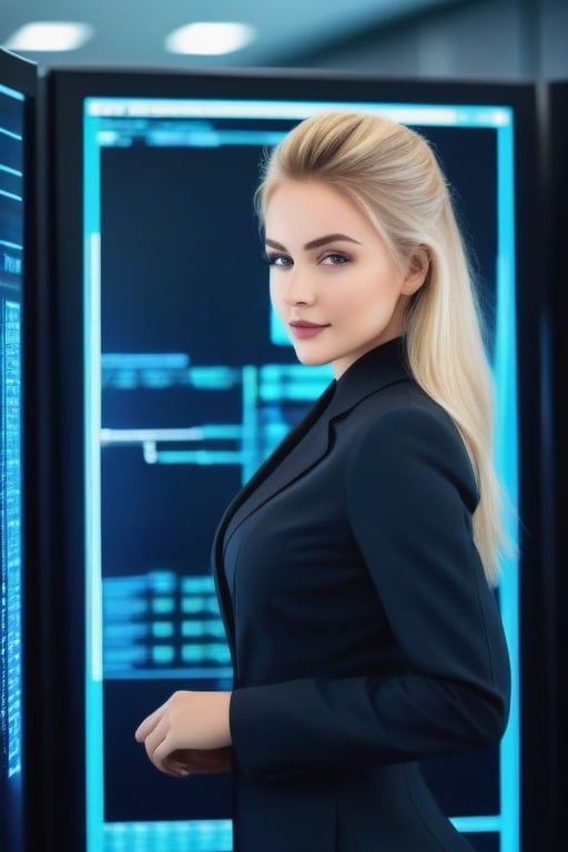 Working Women beautiful young lady 24 age standing talk perfect face eyes hair blonde mouth programmer hacker doctor ceo engineering dress zoom in all body best quality 16k in Big Cyber rooms Data Ai core in CPU, Data Annotation,Beauty