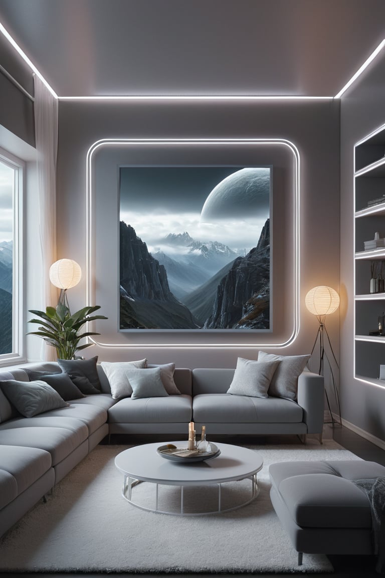 From a futuristic vantage point, the grey frames a stunning white wireframe of a cozy living room, bathed in soft ambiance. Fuzzy background dissolves into atmosphere, creating an immersive 32K UHD (Ultra High Definition) 3D masterpiece. Highly detailed and textured, this scene transports the viewer to a modern sanctuary.