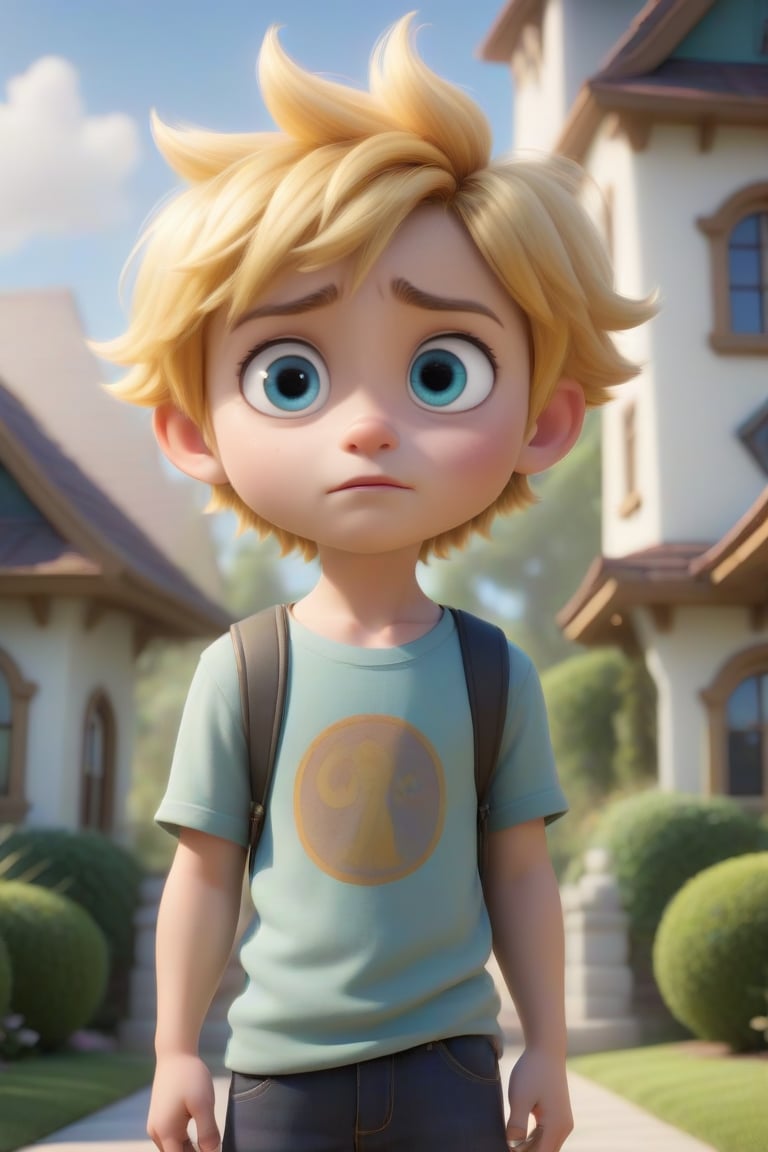 A whimsical chibi boy with vibrant gold hair stands proudly in front of a Disney-Pixar inspired Dream House, aglow with soft natural light against a pure white UHD background. The boy's bright eyes and endearing expression are framed by a soft focus blur, inviting the viewer to enter his fantastical world. His full-body pose exudes curiosity as he gazes up at the enchanting abode, cartoon-like details and textures adding to the dreamlike atmosphere.