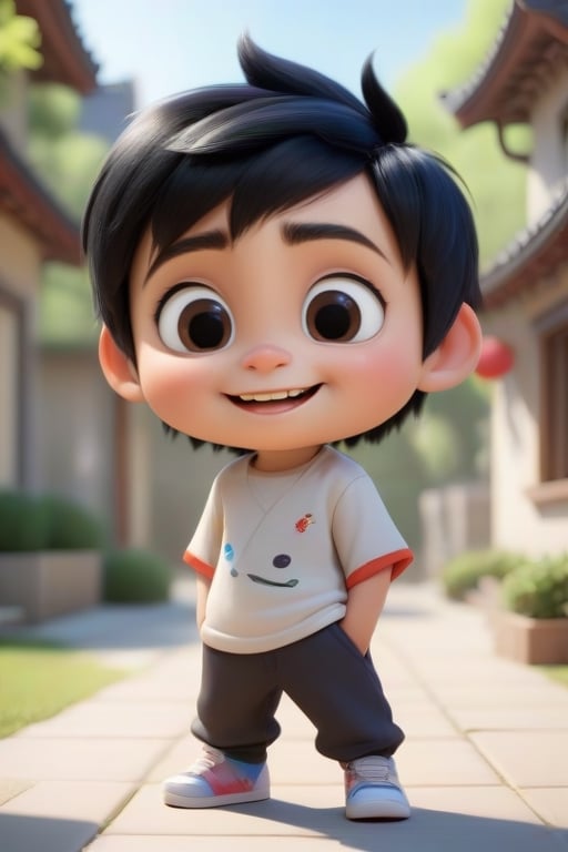 4d photographic image of full body image of a cute little chibi boy, surreal, black hair, vivid colours octane render trending on artstation, artistic photography, photorealistic concept art, soft natural volumetric cinematic perfect light, UHD white background, Dream House, Disney style, Disney Pixar style,score_9, modern Disney, smile, Chinese Tai Chi diagram