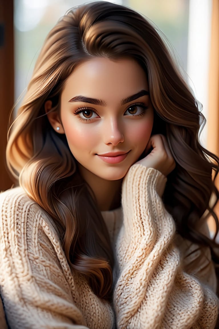 A serene 8K portrait of a stunning young woman sitting comfortably in a cozy indoor setting. She wears a beautiful knit sweater that complements her gentle smile. Her hand rests softly on her cheek, with direct gaze at the viewer, exuding warmth and intimacy. Soft natural lighting illuminates her features, showcasing high detail skin texture and realistic hair strands. The warm color palette creates a relaxing atmosphere, inviting the viewer to step into this peaceful scene.