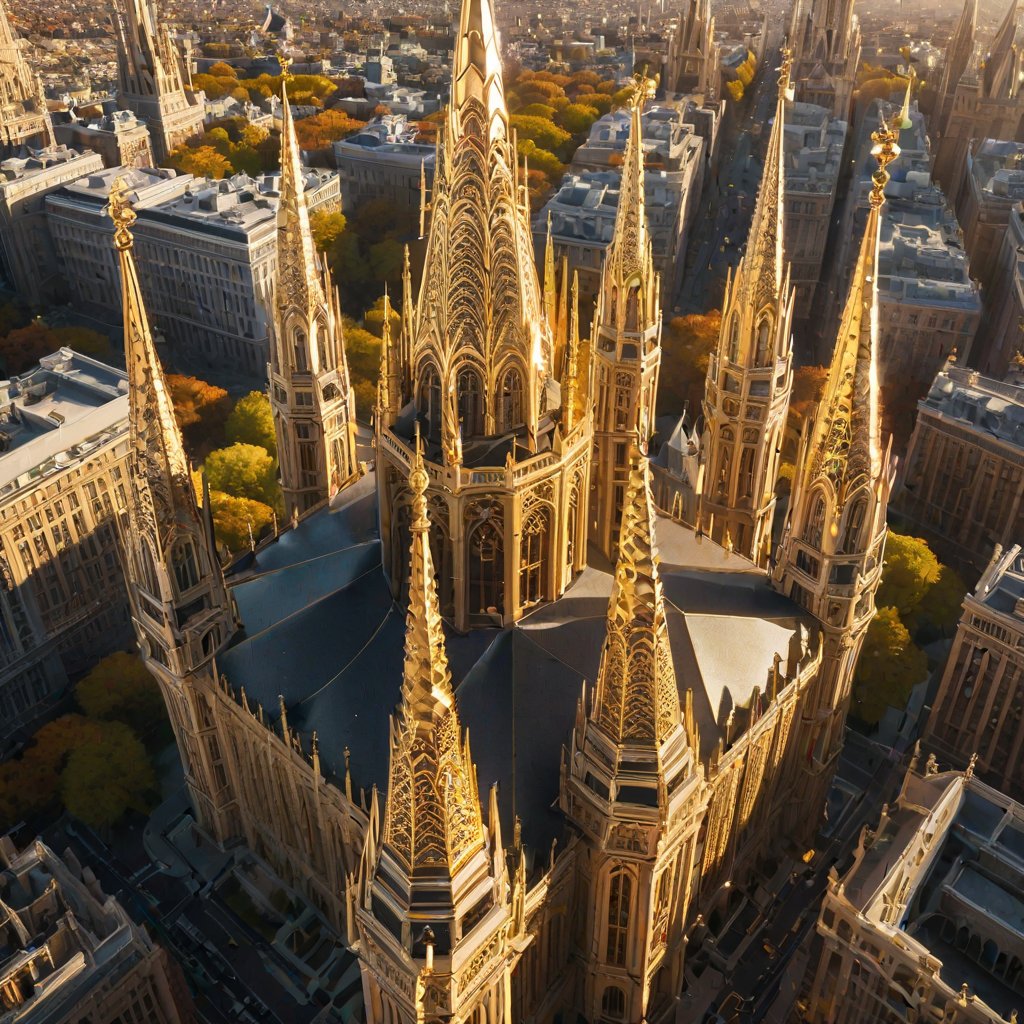 Drone descends upon a mesmerizing metropolis, showcasing gleaming spires and grand structures encased in delicate gold filigree. The city's intricate architecture is bathed in warm sunlight, casting no shadows as if suspended in mid-air. In crystal-clear 64K UHD, every detail of this urban masterpiece shines precisely.