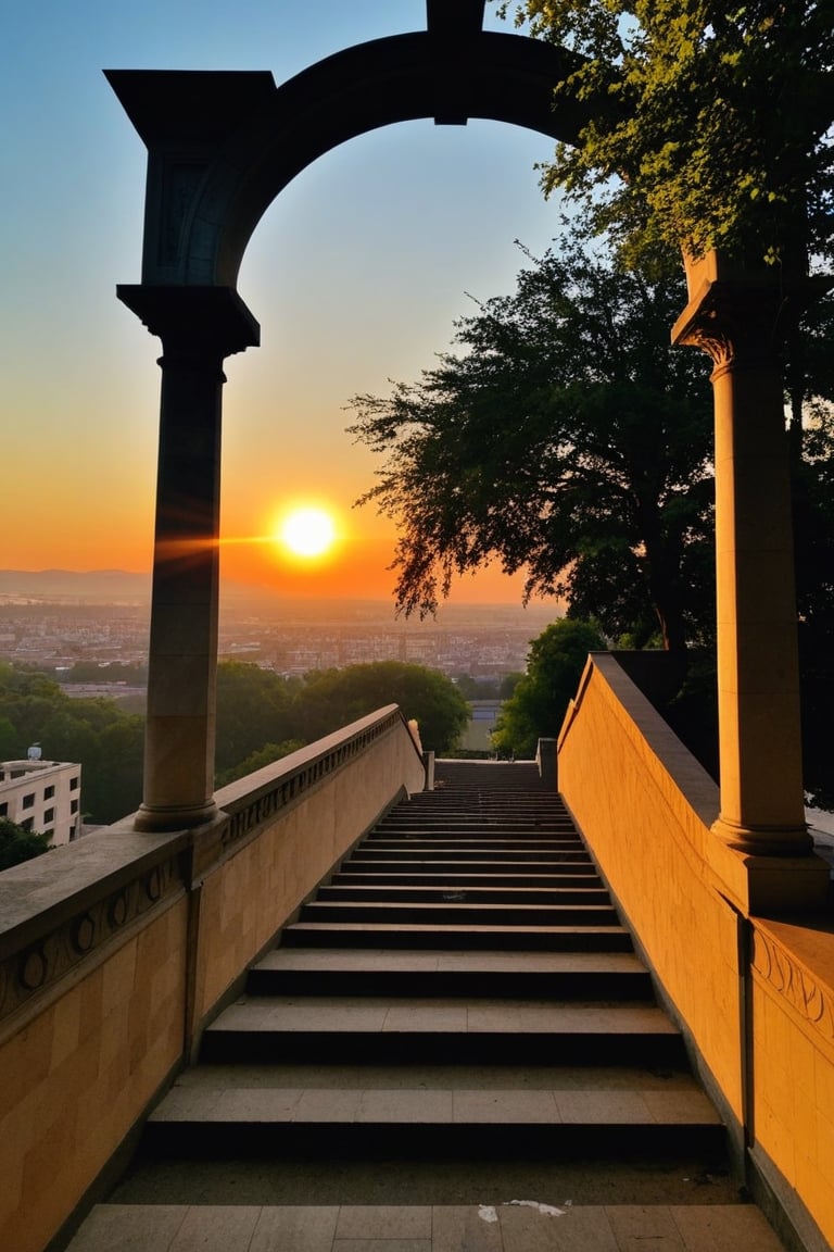 outdoors, sky, tree, no humans, sunlight, building, scenery, sunset, stairs, arch