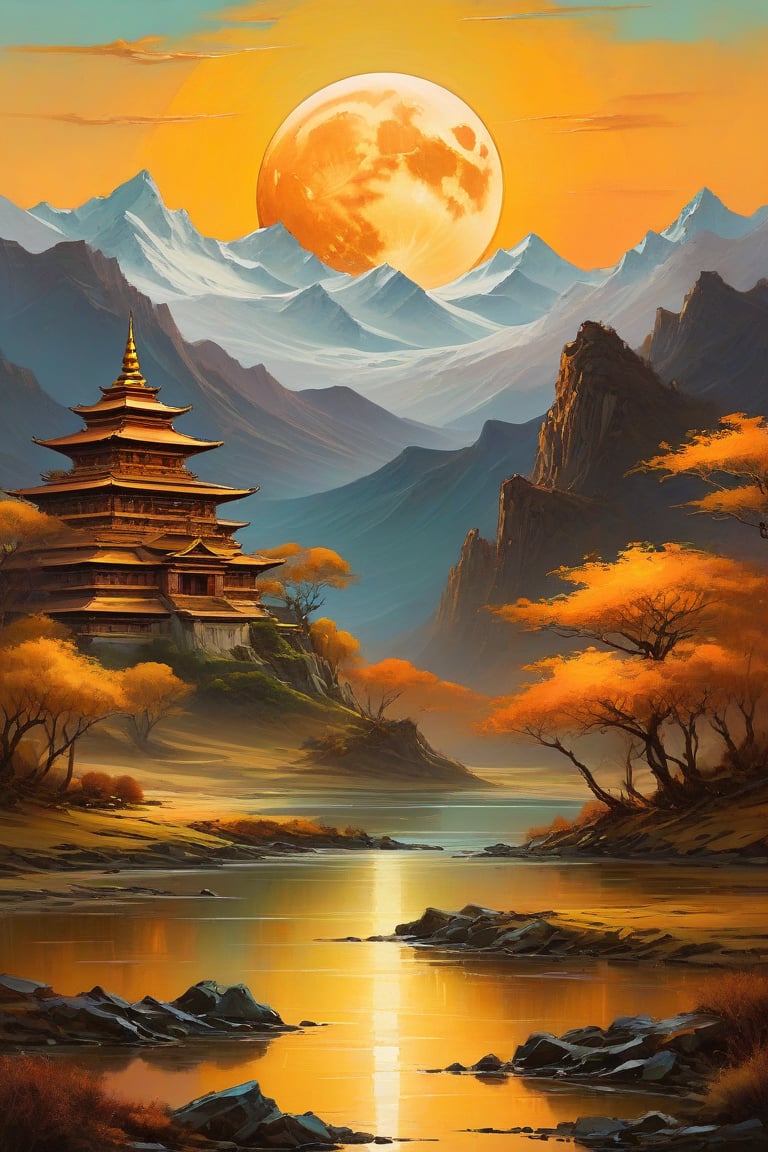 "A surreal, futuristic landscape at dusk with a massive, luminous golden moon dominating the sky, casting a warm glow over everything. The moon should be sharp, detailed, and prominent in the foreground. The background should transition into an abstract, painterly environment featuring indistinct forms and shapes suggesting a Tibetan monastery, rendered in a loose, impressionistic style to emphasize mood and atmosphere over detailed realism. The atmosphere should be hazy and diffuse, with the haze or fog being whiter, creating an ethereal and somewhat dystopian feel. Use balanced colors primarily from a palette of grays, blues, and greens to create depth and atmosphere, while incorporating rust-orange, rust-red, rust-brown, rust-yellow, rust-gold, rust-gray, rust-beige, rust-copper, rust-tan, burnt sienna, raw umber, burnt umber, and yellow ochre for accents. These earthy tones should depict worn, weathered, and aged appearances. Incorporate small, distinct accents of rusty orange-yellows and rusty teals to highlight specific areas and enhance visual interest. Ensure the painting blends impressionism and abstraction seamlessly, creating a rich, immersive setting. Utilize Unreal Engine, Octane Render, Hyper Realistic, Cinematic, Epic, and Matte Painting techniques to achieve a high-quality, detailed, and visually striking result."