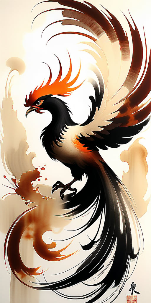 A Sumi-e style ink painting, bold, dramatic brushstrokes of one chinese phoenix. Providential discovery or creation. Petite alabaster specter. Unexpected minuscule, rust-ivory detail. Providential intricate details and meticulous craftsmanship, providential pioneering techniques or elements, providential high technical acumen, such as verisimilar rendering or elaborate compositions. Harmonious and balanced composition, skillful use of color and illumination to enhance the emotional and visual impact, creating a sense of depth. Providential singular perspectives and viewpoints, intricacy, contrast, and symmetry. Providential formidable aesthetic structure, verisimilitude, and visual impact imparts a lasting impression. Scene featuring a providential discovery or creation. style, ink







