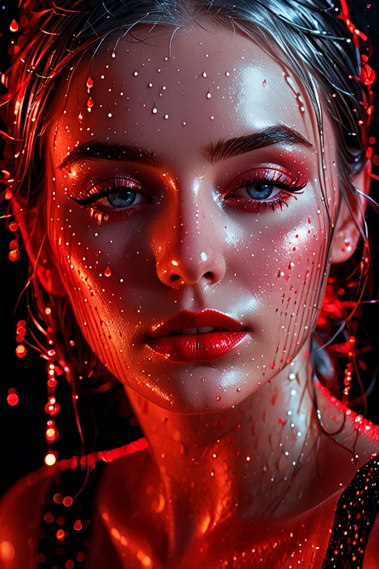 (digital art, ultra-realistic, high detail, high resolution, photorealistic) close-up of a woman's face with eyes closed, illuminated by a deep red light. The face is covered with droplets of red water, creating an abstract geometric pattern. The background is a black-glittered texture, enhancing the sparkle and reflection of the droplets. The woman's eyelashes and lips are accentuated, with the red light adding a shimmering effect. The overall atmosphere is dark, mysterious, and vibrant, with a focus on the contrast between the red and black elements, giving a surreal and captivating visual experience.,Beauty,LoRA,1girl silver hair blue dress,Cartoon