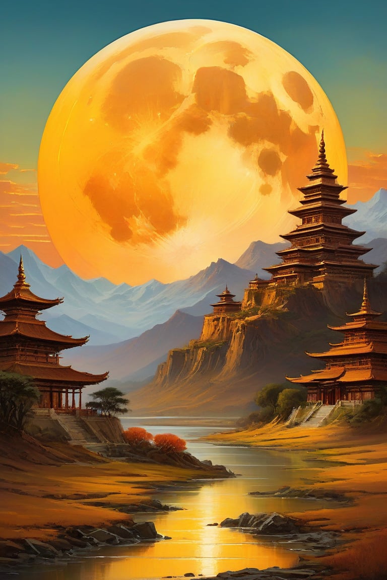 "A surreal, futuristic landscape at dusk with a massive, luminous golden moon dominating the sky, casting a warm glow over everything. The moon should be sharp, detailed, and prominent in the foreground. The background should transition into an abstract, painterly environment featuring indistinct forms and shapes suggesting a Tibetan monastery, rendered in a loose, impressionistic style to emphasize mood and atmosphere over detailed realism. The atmosphere should be hazy and diffuse, with the haze or fog being whiter, creating an ethereal and somewhat dystopian feel. Use balanced colors primarily from a palette of grays, blues, and greens to create depth and atmosphere, while incorporating rust-orange, rust-red, rust-brown, rust-yellow, rust-gold, rust-gray, rust-beige, rust-copper, rust-tan, burnt sienna, raw umber, burnt umber, and yellow ochre for accents. These earthy tones should depict worn, weathered, and aged appearances. Incorporate small, distinct accents of rusty orange-yellows and rusty teals to highlight specific areas and enhance visual interest. Ensure the painting blends impressionism and abstraction seamlessly, creating a rich, immersive setting. Utilize Unreal Engine, Octane Render, Hyper Realistic, Cinematic, Epic, and Matte Painting techniques to achieve a high-quality, detailed, and visually striking result."