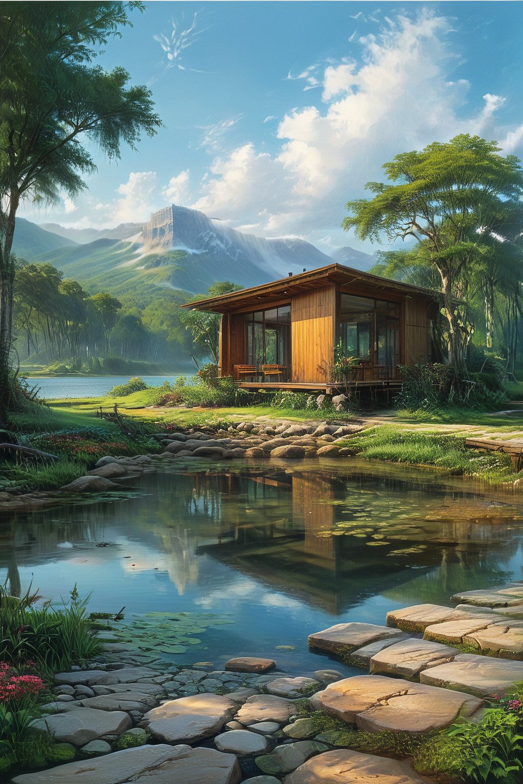 A serene outdoor scene unfolds: a brilliant blue sky stretches above, with wispy clouds drifting lazily across. In the distance, a majestic mountain range rises, its peaks shrouded in mist. A tranquil lake glimmers, reflecting the vibrant hues of the sky. A sturdy tree stands sentinel beside the water's edge, its branches stretching towards the heavens. Nearby, a charming house with a large window seems to lean in, as if listening to the gentle lapping of the water against the shore. In the foreground, lush green grass and a quaint wooden bridge complete this idyllic scenery.