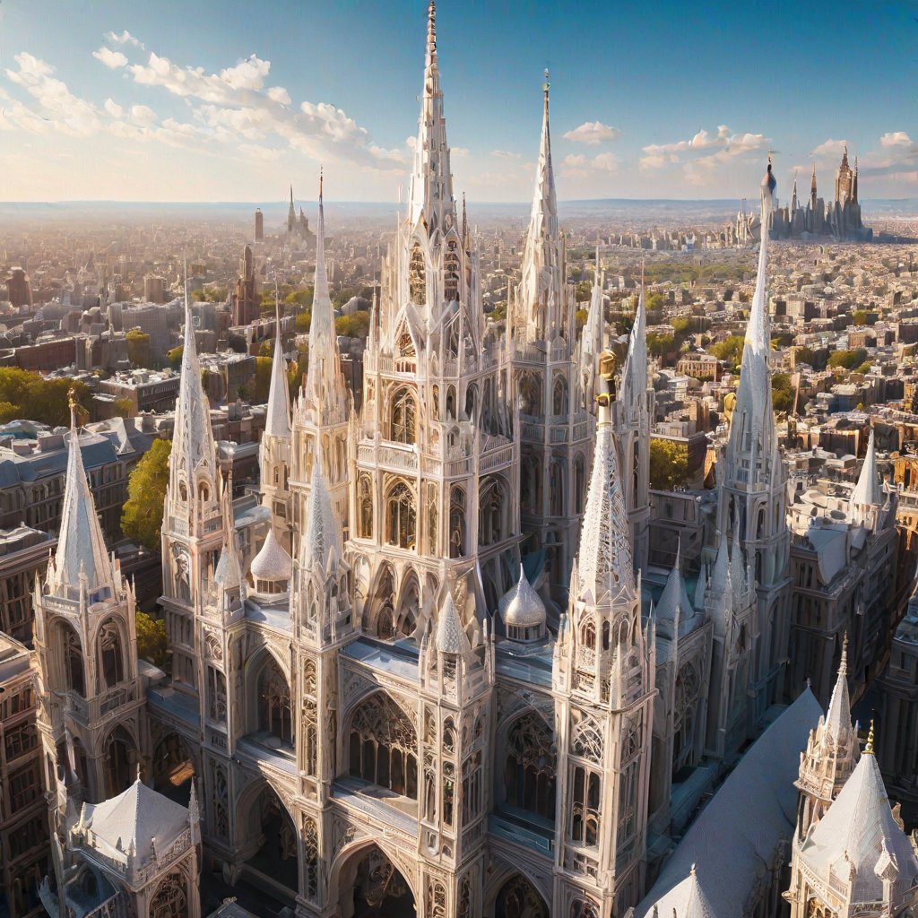 Drone descends upon a mesmerizing metropolis, showcasing gleaming spires and grand structures encased in delicate white filigree. The city's intricate architecture is bathed in warm sunlight, casting no shadows as if suspended in mid-air. In crystal-clear 64K UHD, every detail of this urban masterpiece shines precisely.