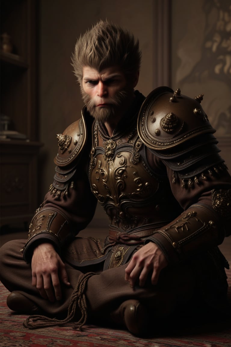 brown hair, 1boy, sitting, male focus, indoors, armor, tree, facial hair, shoulder armor, beard, carpet