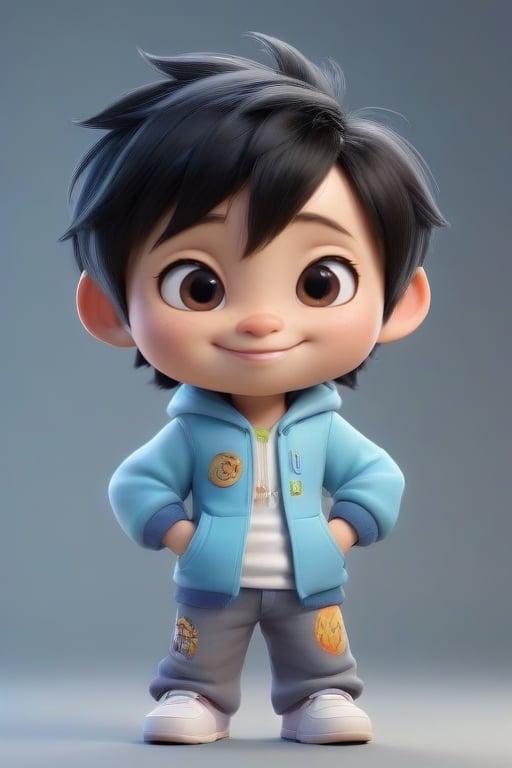 4d photographic image of full body image of a cute little chibi boy, surreal, black hair, vivid colours octane render trending on artstation, artistic photography, photorealistic concept art, soft natural volumetric cinematic perfect light, UHD white background, Dream House, Disney style, Disney Pixar style,score_9, modern Disney, smile, Chinese Tai Chi diagram