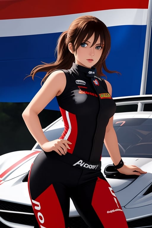 hoto, Sportscar, woman, racing flag, harsh camera flash,1gril,1girl
