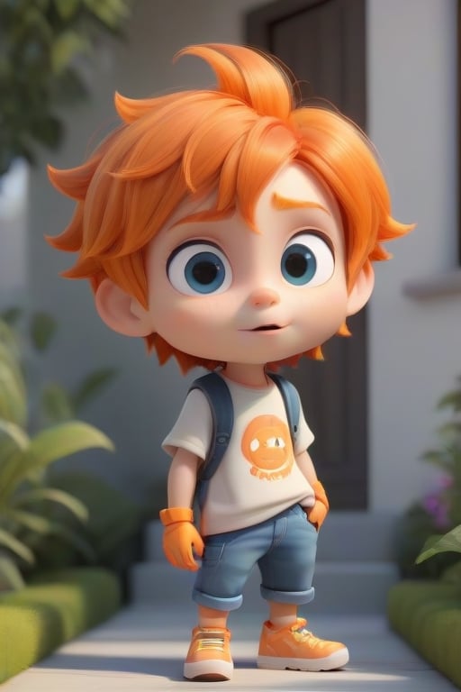 4d photographic image of full body image of a cute little chibi boy surreal, orange hair, vivid colours octane render trending on artstation, artistic photography, photorealistic concept art, soft natural volumetric cinematic perfect light, UHD white background, Dream House, Disney style, Disney Pixar style,score_9,modern Disney