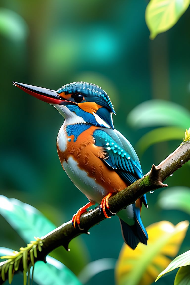 close up angle of, , ((),(3d Kingfisher in md air)) surrounded by jungle( waters), bird, detailed focus, deep bokeh, beautiful, , bight vib background. Visually delightful, 3D